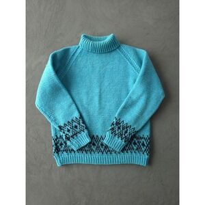Vintage 80s Handmade Women's Blue Turtleneck Knit Sweater M